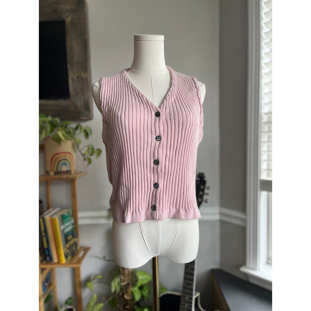 Vintage 90s Pink Sweater Vest Button Front Ribbed Size Medium